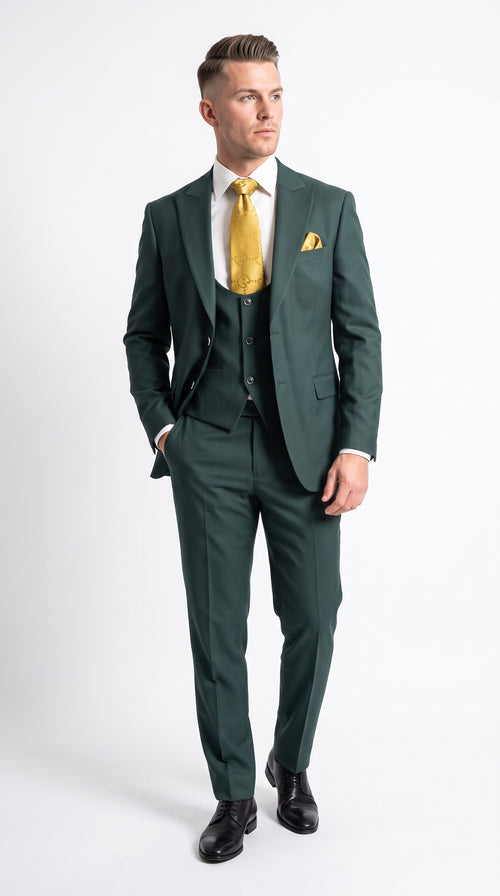 Mens Vitali 3 Piece Suit W/Scoop Vest Hunter Green 3-Piece Suit –, Big Peak Lapel Vest and Pants Modern Fit Two Buttons