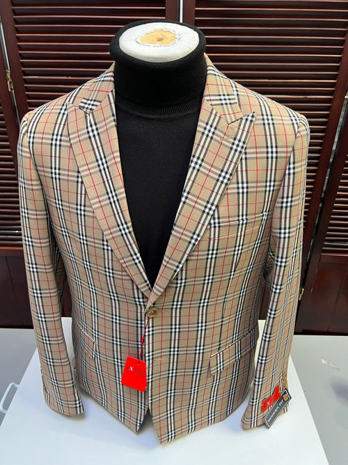 Classic Beige Checkered Blazer - Tan Plaid Sport Coat - Camel Windowpane Pattern by USA Men's Outlet