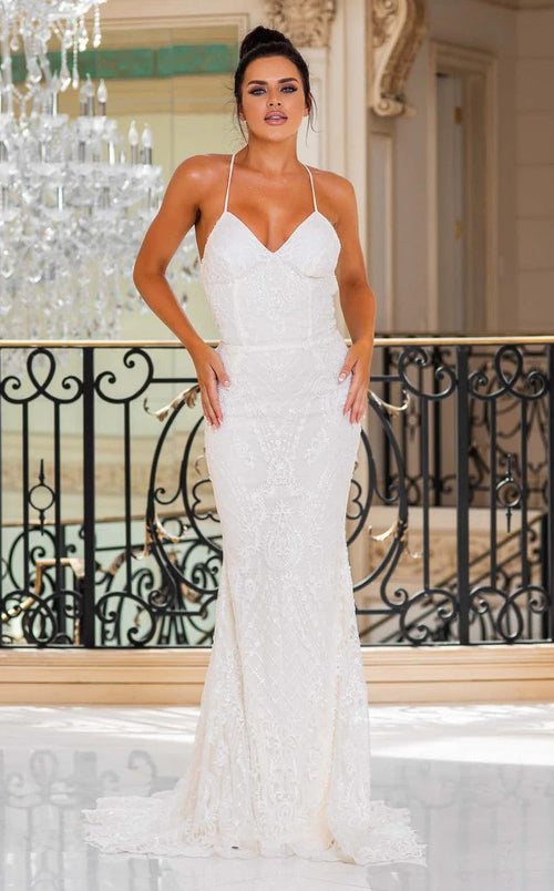 Jessica Angel JA10006 V-Neck Spaghetti Strap Fitted Open Back Lace-Up Back Lace Wedding Dress