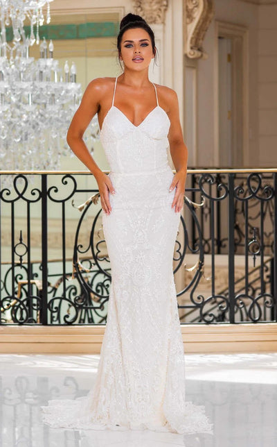 Jessica Angel JA10006 V-Neck Spaghetti Strap Fitted Open Back Lace-Up Back Lace Wedding Dress