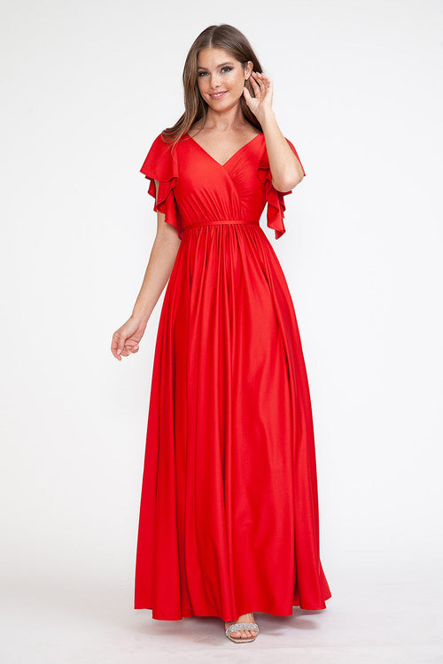 Lenovia 5277 Ruffled Short Sleeve V-Neck Stretch Dress