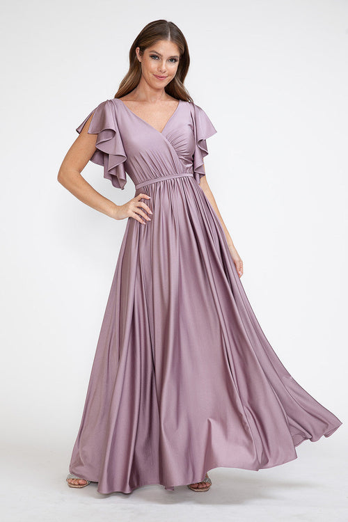 Lenovia 5277 Ruffled Short Sleeve V-Neck Stretch Dress