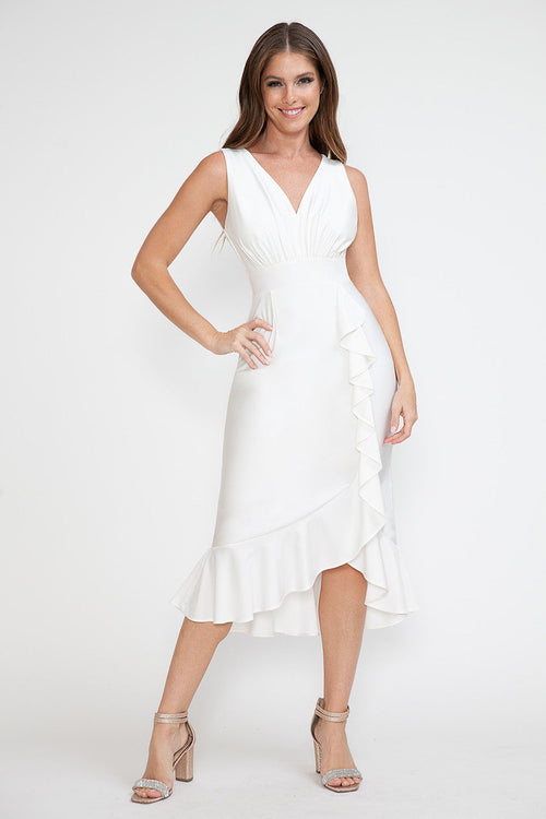 Lenovia 5280 Ruffled High Low Stretch Midi Dress with Open Back