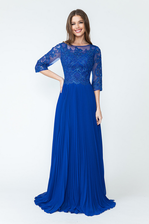 A-Line Gown with Beaded Lace Bodice and Pleated Skirt By Lenovia 8145