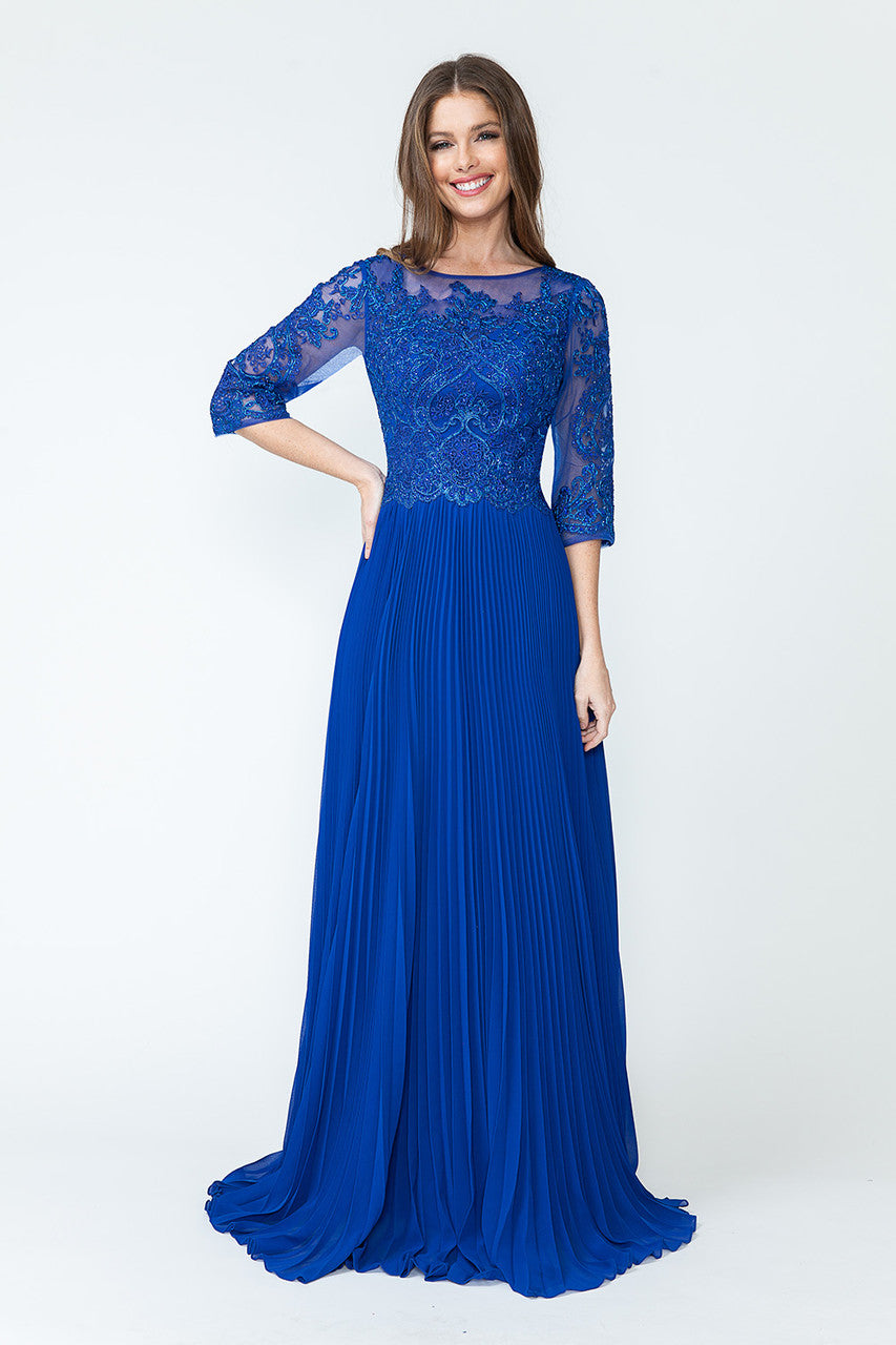 A-Line Gown with Beaded Lace Bodice and Pleated Skirt By Lenovia 8145