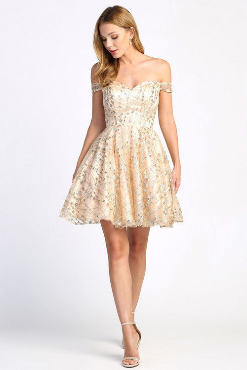 Adora Design 1023 Off Shoulder Short Glitter A-Line Cocktail Dress