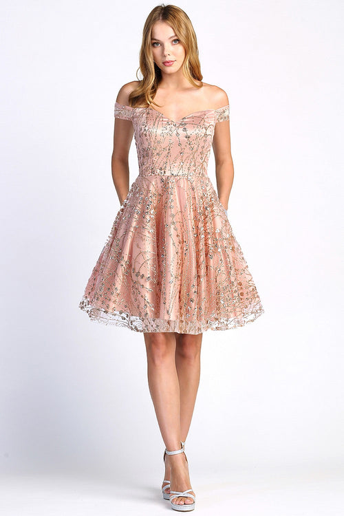 Adora Design 1023 Off Shoulder Short Glitter A-Line Cocktail Dress