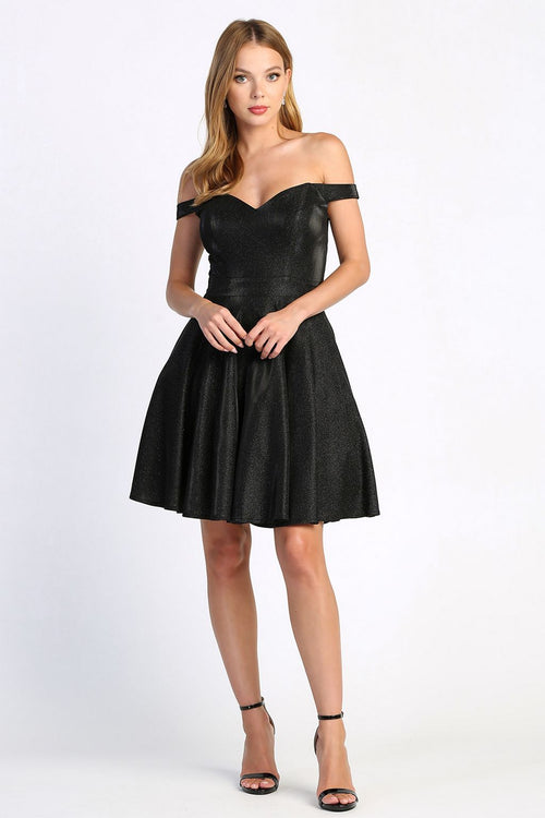 Adora Design 1025 Off Shoulder Pleated Metallic Glitter Dress
