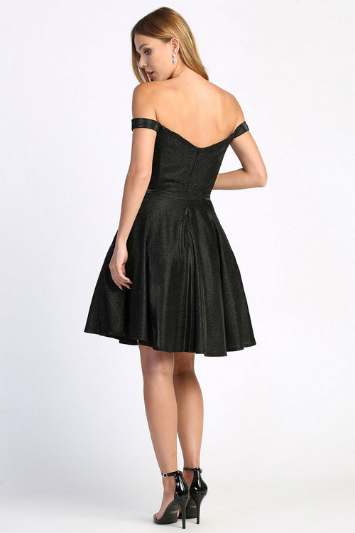 Adora Design 1025 Off Shoulder Pleated Metallic Glitter Dress