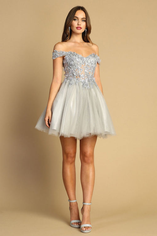 Adora Design 1041 Off Shoulder Floral Applique Glitter Prom Dress