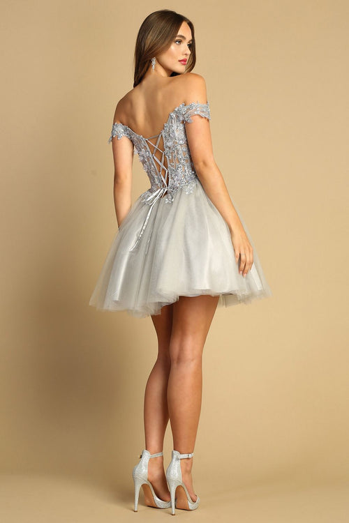 Adora Design 1041 Off Shoulder Floral Applique Glitter Prom Dress