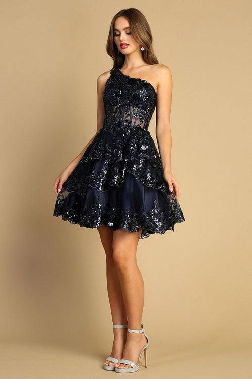 Adora Design 1044 One Shoulder Sequin Applique Short Cocktail Dress