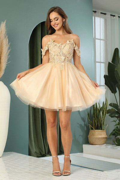 Adora Design 1052 Off Shoulder Glitter Applique A Line Mini Dress