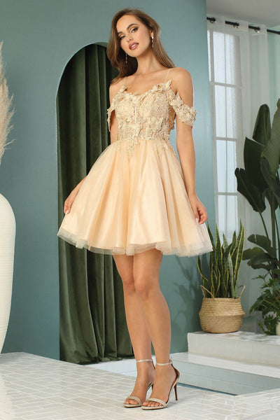 Adora Design 1052 Off Shoulder Glitter Applique A Line Mini Dress