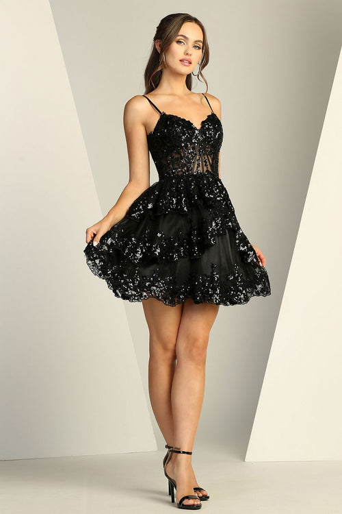 Adora Design 1056 Glitter Corset Tiered Short Homecoming Dress
