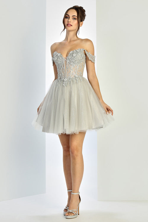 Adora Design 1066 Off-Shoulder Glitter Corset A-Line Mini Dress