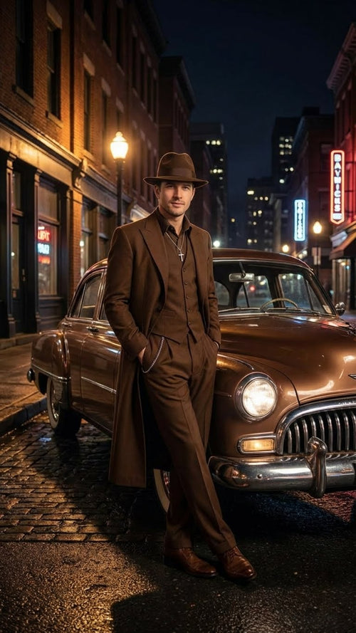 Men’s Brown 1920s Zoot Suit – Long Gangster Mafia Suit Vintage Three-Piece Costume Set Pachuco Style