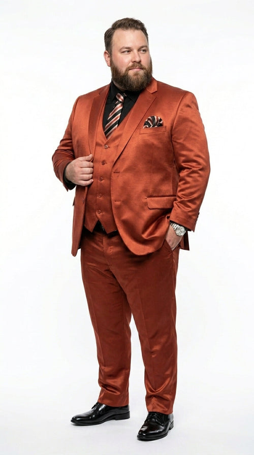 Menās Rust Copper Coganc Shiny Sateen 3 Piece Suit, Vested Formal Wedding Prom Suit Set Ultra Slim Fit