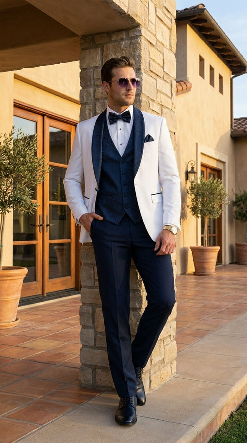 Men’s White and Navy Blue Tuxedo Wedding Suit with Blazer, Vest, Pants and Bow Tie, Formal Groom Suit