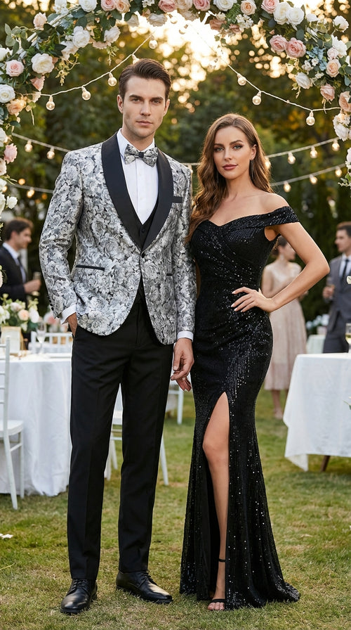 Mens Black and Silver Floral Tuxedo β Luxury Patterned Wedding, Prom and Formal Dinner Tuxedo