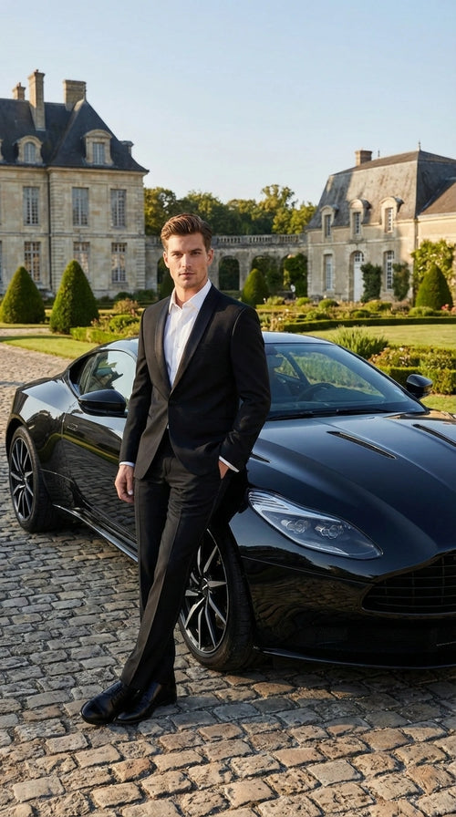 Tiglio Designer Men’s Black Single Button Tuxedo Suit – Formal Black Business and Wedding Suit Shawl Collar Super 150's Wool Fabric