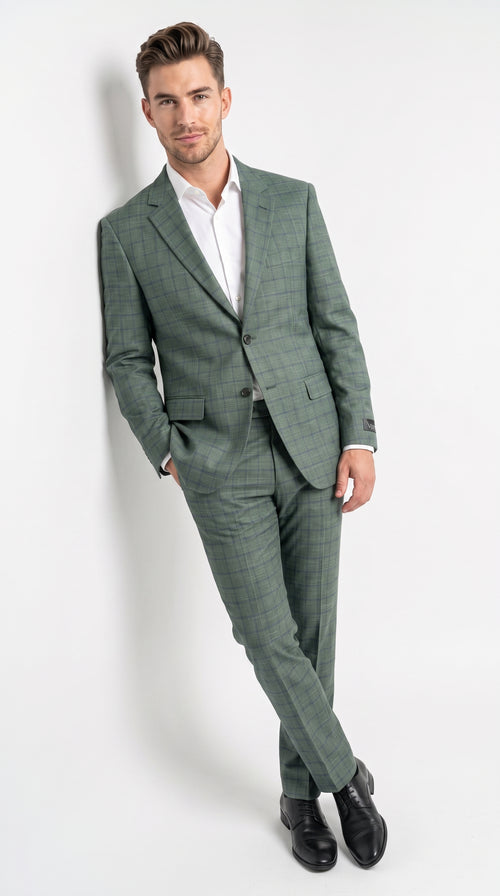 Men’s Tartan olive Green with blue checker Windowpane 2-Piece Suit – Modern Fit Plaid, Business and Formal Suit english styl