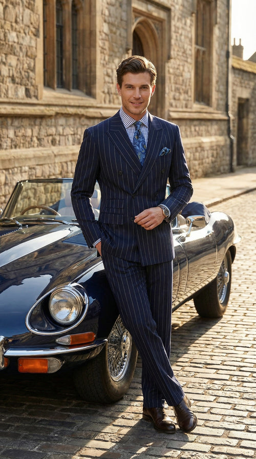 Men's Navy Blue Double Breasted Pinstripe Suit – Modern Fit By rossiman