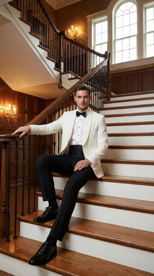 Men's White Dinner Jacket Tuxedo Blazer with Black Satin Shawl Lapel With Black Tuxedo Pants