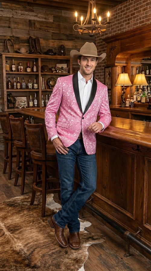 Mens Hot Pink Paisley Western Blazer Jacket β Stylish Pattern Formal Blazer with Black Shawl Lapel for Party, Wedding Cowboy Sportcoat