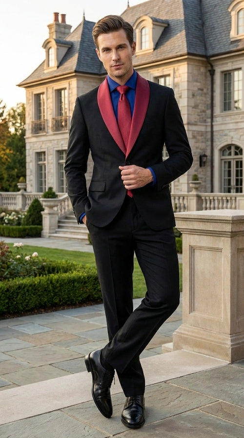 Men’s Black Suit with Burgundy Shawl Lapel – Formal Tuxedo Suit for Wedding, Prom and Evening Events + Bowtie & Tie