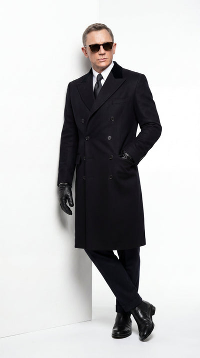 Menβs Black Double Breasted Overcoat, James Bond Inspired Long Formal Coat for Weddings, Business Events, Parties, and Winter Occasions