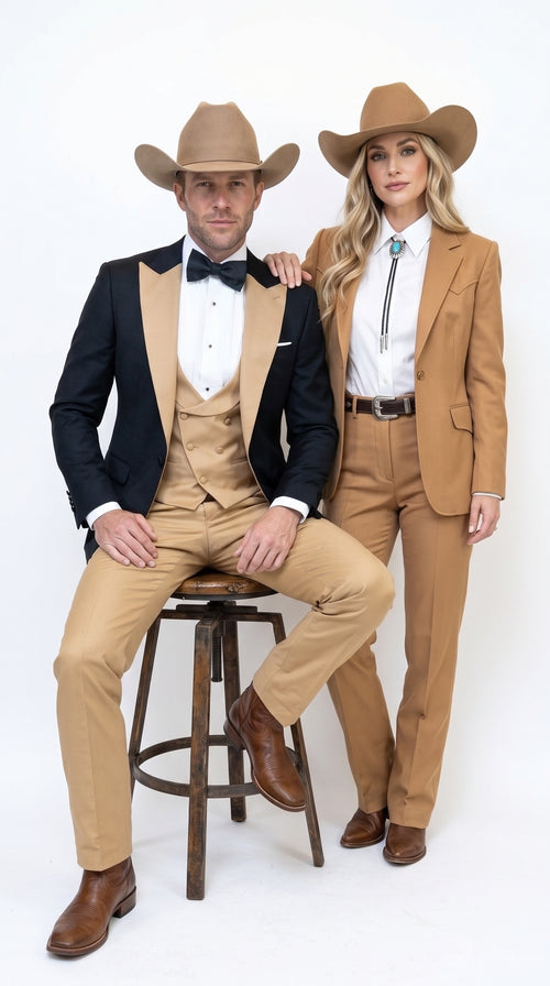 Men's Western Khaki Cowboy Tuxedo Suit ā Black & Tan Beige Peak Lapel 3-Piece Vested Formal Cowboy Suit