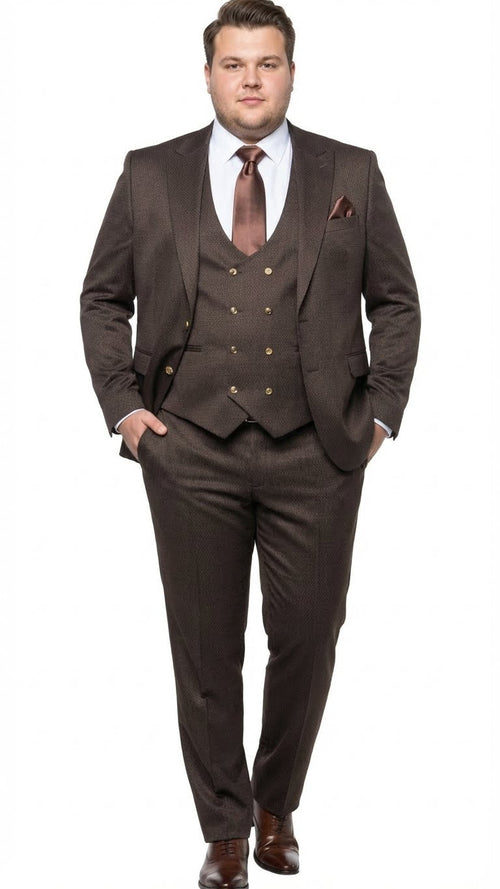 Men’s Chocolate Brown Textured 3-Piece Suit - Luxury Double-Breasted Vest Formal Set by USA Men's Outlet
