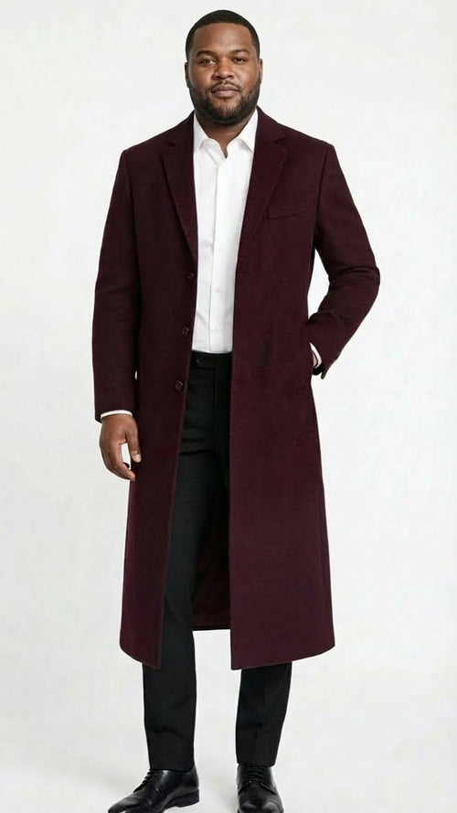Men’s Burgundy Long Coat - Classic Fit Wool Blend Overcoat - Topcoat Full length USA Men's Outlet