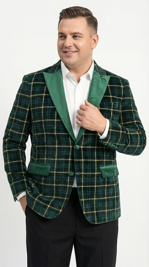 Mens Tartan Green and Gold Check Blazer β Windowpane Plaid Sport Coat Velvet Lapel Plaid Christmas Holiday New Year Jacket