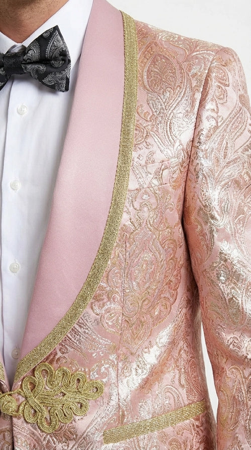 Men’s Rose Gold Pink Prom Tuxedo Suit – Slim Fit Paisley Pattern Formal Tuxedo Suit for Prom, Wedding and Special Events