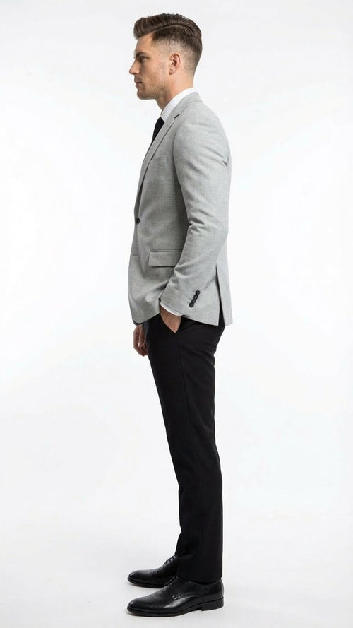 Men’s Light Grey Slim Fit Blazer Sport Coat with Black Pants - Premium Formal and Smart Casual Outfit by USA Men's Outlet