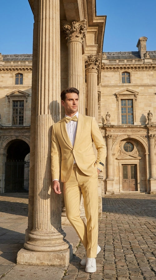 Men’s Light Yellow Shawl Lapel Tuxedo – Modern Wedding, Prom & Groom Formal Suit + Matching bowtie