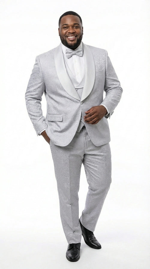 Mens Light Silver Wedding Tuxedo Suit β Paisley Fabric Three Piece Formal Suit Set with Shawl Lapel for Groom, Prom, Gala and ice Grey