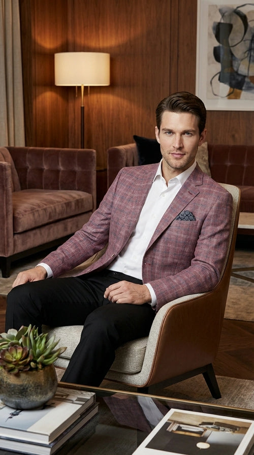 Mens Dusty Rose Mauve Pink with Tint of Blue Plaid Sport Coat Blazer β Classic Check Pattern Casual Blazer Jacket for Business Casual, Wedding