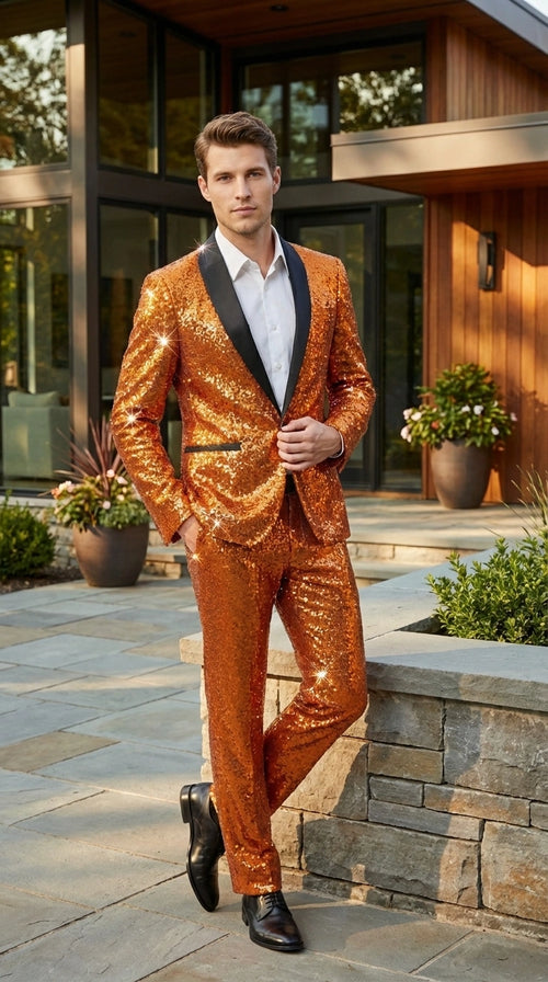 Mens Orange Sequin Tuxedo Suit β Shiny Wedding Suit Set with Black Lapel for Prom, Party, Gala and Formal Evening Wear - Goldish Orange