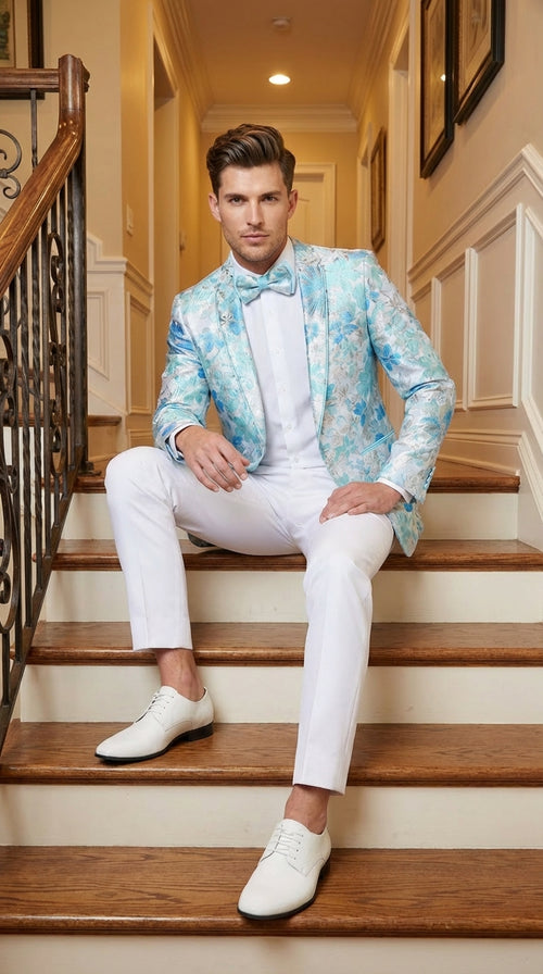 Men’s Light Blue Floral Jacquard Tuxedo Jacket with Matching Bow Tie | Formal Prom Wedding Blazer + Bowtie Turqoise Aqua Color