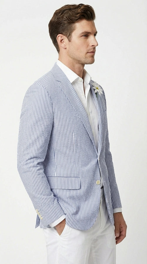 Mens Blue Seersucker Blazer β Lightweight Striped Summer Sport Coat Casual Smart Formal Jacket