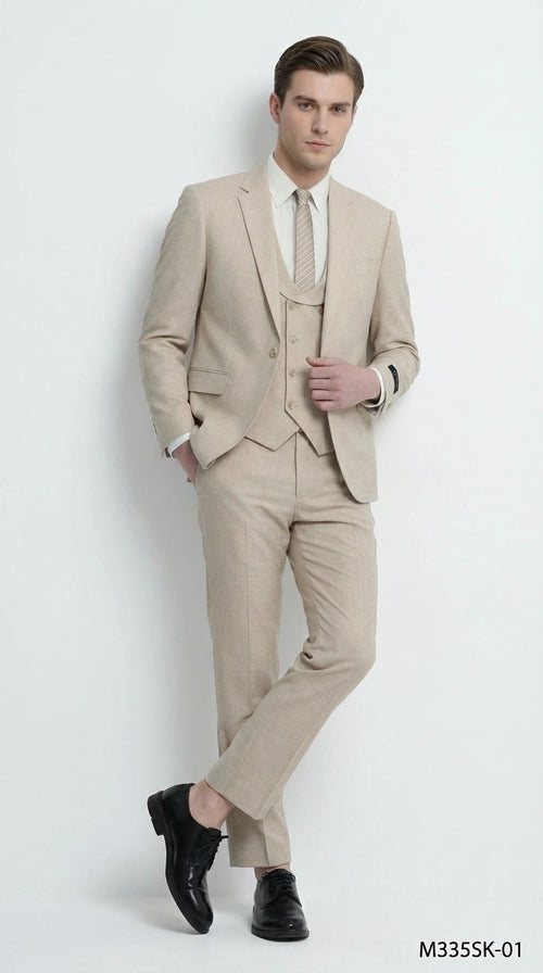 Mens Sand Beige 3 Piece Suit β Double breasted Vest Formal Suit Set and Dress Pants in Champaign Natural Summer Color