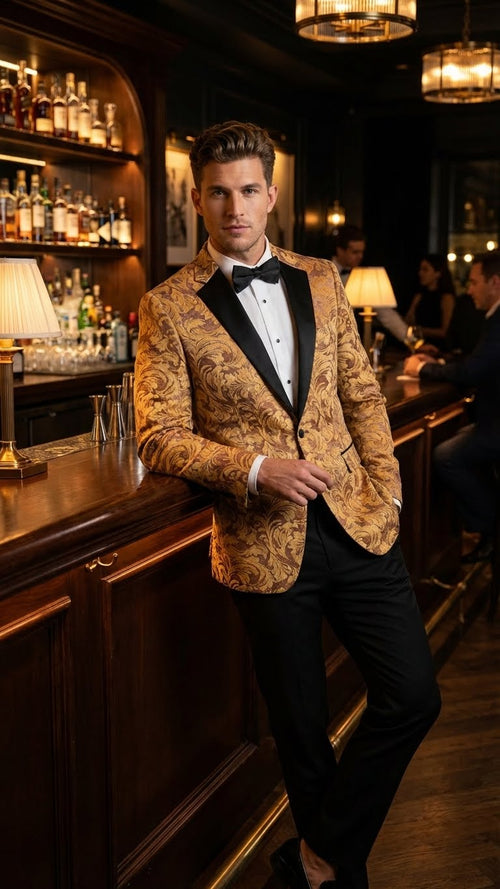 Men’s Yellow Gold Baroque Pattern Tuxedo Blazer Suit – Party and Wedding Jacket Prom Paisley Black Pants