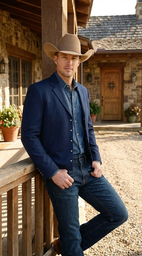 Mens Navy Blue Western Blazer Set β Cowboy Style Jacket and Pants Outfit Classic Country Western Blazer