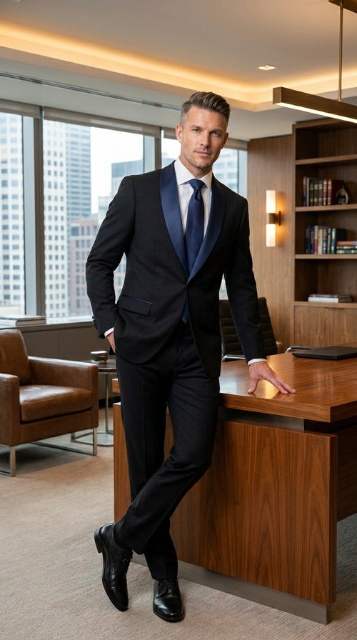 Men’s Black Suit with Navy Blue Lapel – Elegant Formal Tuxedo Style Suit for Wedding, Prom, Party and Evening Wear