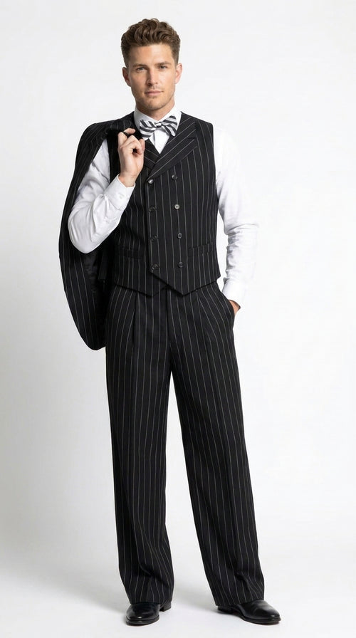 Men’s Black Pinstripe 3-Piece Suit Wool Suit – Classic Fit Single Button Suit with Wide Leg Pleated Pants By Tiglio Russo