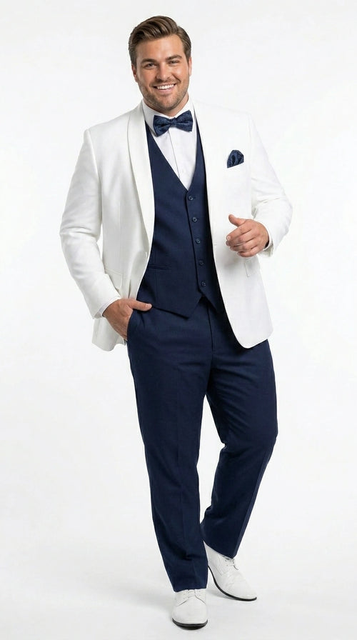 Men’s White and Navy blue tuxedo 3 Piece Suit – Classic White Blazer with Navy Vest and Pants for Wedding, Party + Bowtie