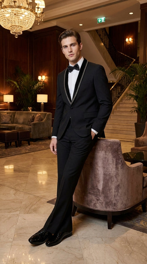 Men’s 1970s Style Black Boot Cut Tuxedo Suit – Shawl Lapel Wedding, Prom and Formal 2-Piece Suit